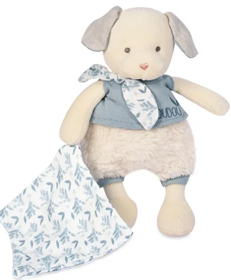 Chien peluche beige avec mouchoir bleu en coton BIO - 22 cm