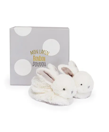 Coffret cadeau naissance chaussons lapin taupe avec hochet - 0/6 mois