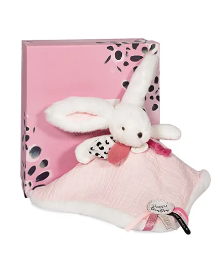 Coffret Doudou carré Lapin rose - Happy Blush - 25 cm