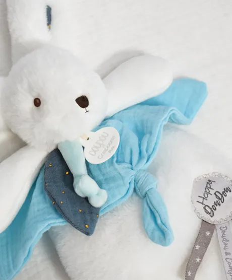 Coffret Doudou plat Lapin bleu - Happy Pop - 25 cm