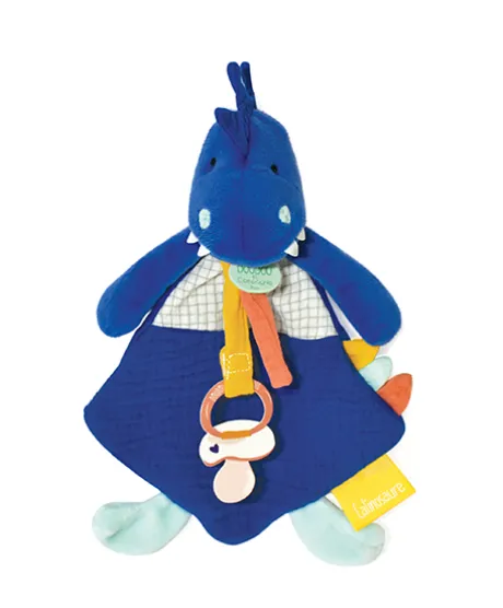 Coffret peluche dinosaure bleu- Attache tétine Sashou - 23 cm