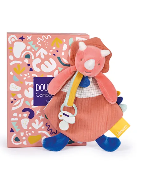 Coffret peluche dinosaure orange - Attache tetine Lou - 23 cm