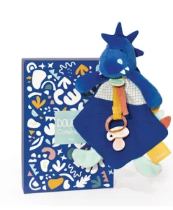 Coffret peluche dinosaure bleu- Attache tétine Sashou - 23 cm