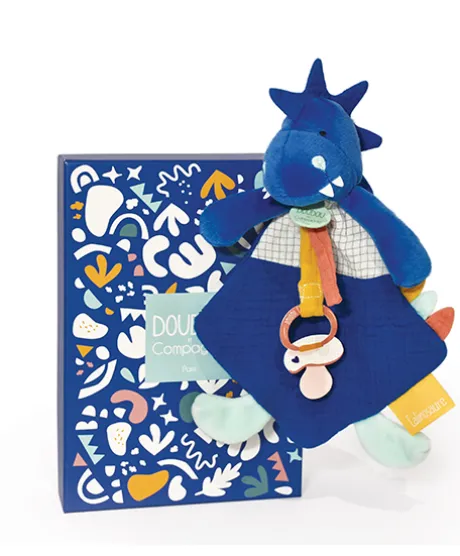 Coffret peluche dinosaure bleu- Attache tétine Sashou - 23 cm