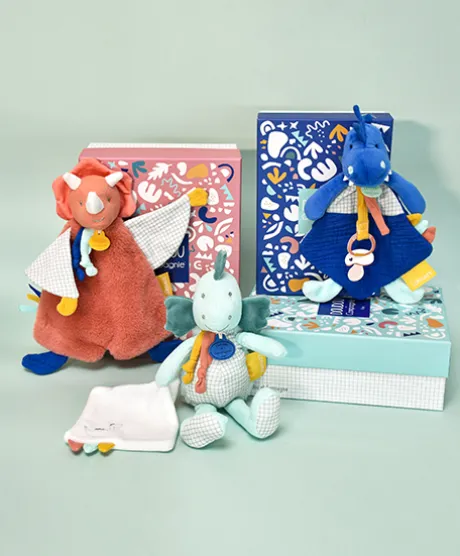 Coffret peluche dinosaure bleu- Attache tétine Sashou - 23 cm