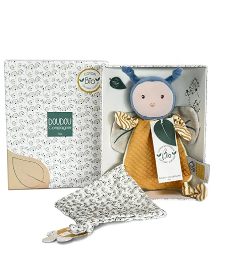 Doudou attache sucette abeille Pollen en coton BIO - 17 cm