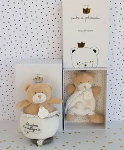 Doudou attache sucette ours Petit Roi marron - 15 cm