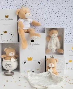Doudou attache sucette ours Petit Roi marron - 15 cm
