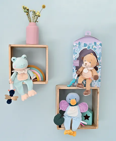 Doudou canard bleu avec feuille - "Mon petit coin-coin"