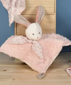 Doudou carré plat lapin rose en coton BIO - 25 cm