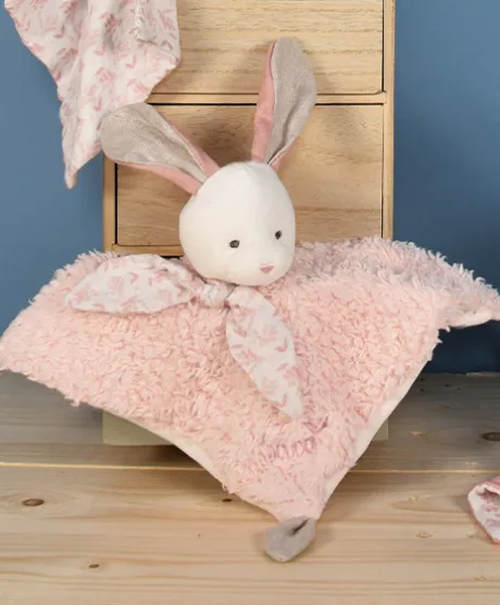 Doudou carré plat lapin rose en coton BIO - 25 cm