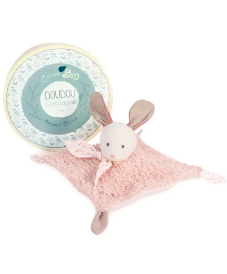Doudou carré plat lapin rose en coton BIO - 25 cm