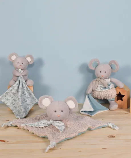 Doudou carré plat Souris grise en coton BIO- 25 cm