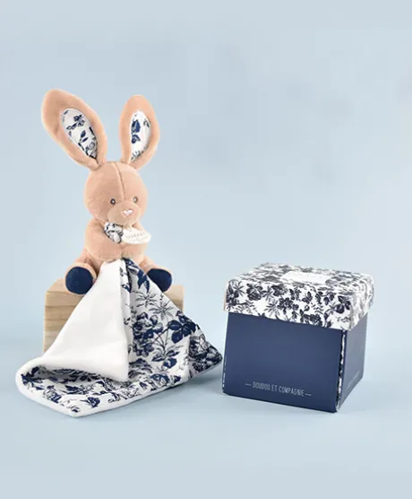 Doudou LAPIN bleu Marine avec mouchoir - BOH'AIME -