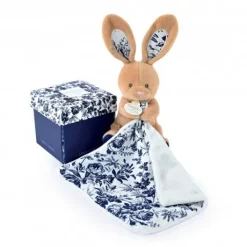Doudou LAPIN bleu Marine avec mouchoir - BOH'AIME -