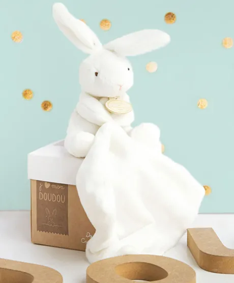 Doudou lapin mouchoir - 10 cm - Boite fleur