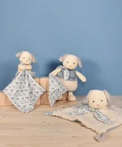 Doudou mouchoir chien bleu en coton BIO -15 cm