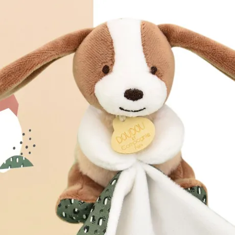 Doudou mouchoir chien vert et marron - 11 cm