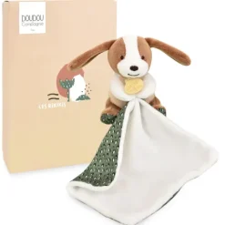Doudou mouchoir chien vert et marron - 11 cm