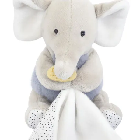 Doudou mouchoir elephant bleu et gris - 11 cm