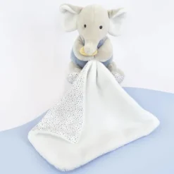 Doudou mouchoir elephant bleu et gris - 11 cm