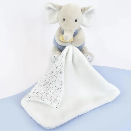 Doudou mouchoir elephant bleu et gris - 11 cm