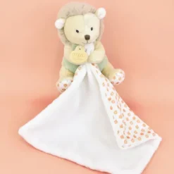 Doudou mouchoir hérisson vert et marron - 11 cm