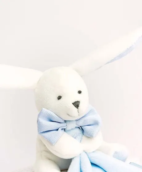 Doudou mouchoir lapin bleu - 10 cm - Boite fleur