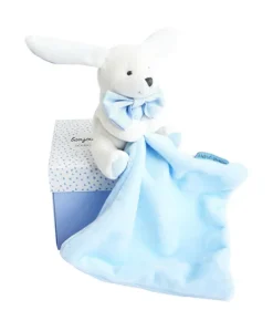 Doudou mouchoir lapin bleu - 10 cm - Boite fleur