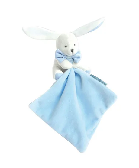 Doudou mouchoir lapin bleu - 10 cm - Boite fleur