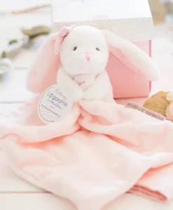 Doudou mouchoir lapin rose - 10 cm - Boite fleur