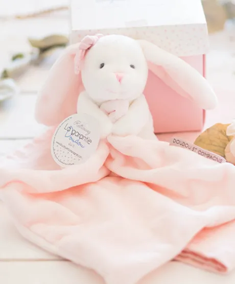 Doudou mouchoir lapin rose - 10 cm - Boite fleur