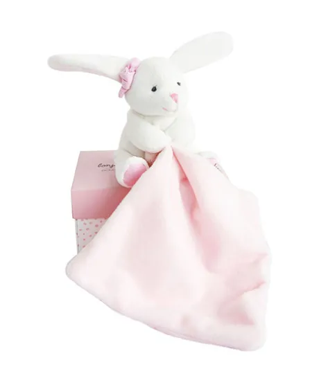 Doudou mouchoir lapin rose - 10 cm - Boite fleur