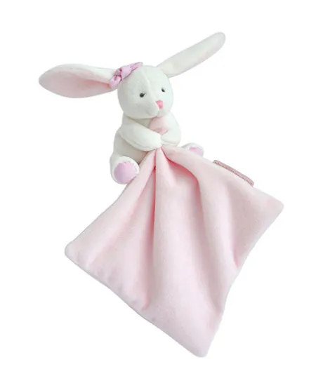 Doudou mouchoir lapin rose - 10 cm - Boite fleur