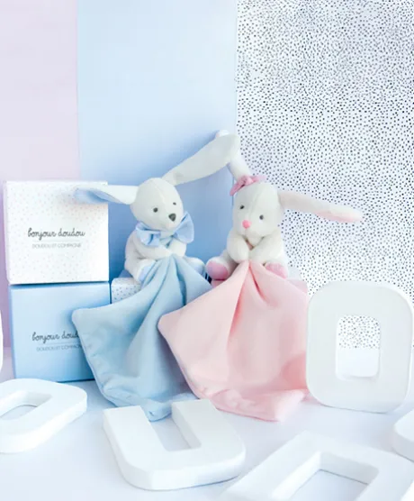 Doudou mouchoir lapin rose - 10 cm - Boite fleur