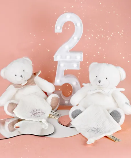 Doudou mouchoir ours Gris - 30 cm - Collection Anniversaire