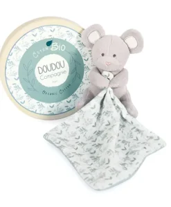 Doudou mouchoir Souris grise - vert en coton BIO - 15 cm