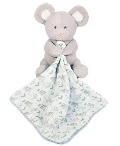 Doudou mouchoir Souris grise - vert en coton BIO - 15 cm