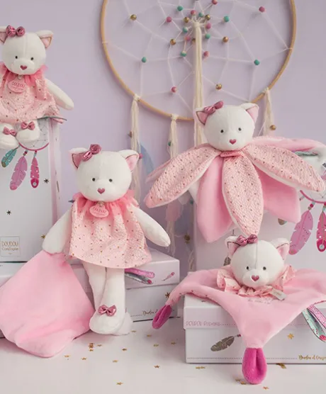Doudou plat Chat rose - Attrape-rêves - 20 cm