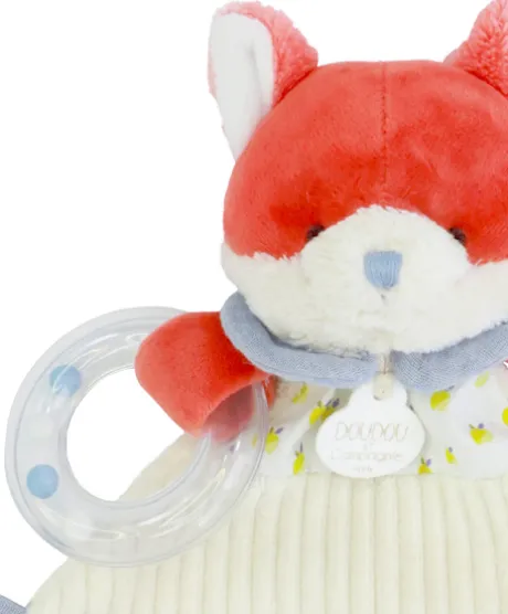 Doudou plat hochet billes - Renard Romarin - 21 cm