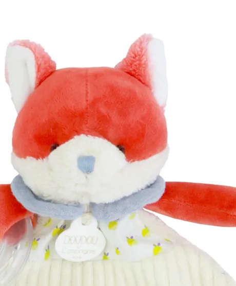 Doudou plat hochet billes - Renard Romarin - 21 cm