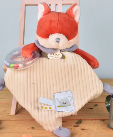 Doudou plat hochet billes - Renard Romarin - 21 cm