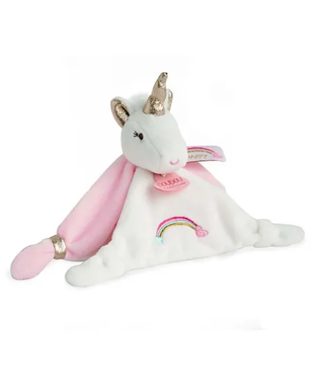 Doudou plat Licorne rose et blanche - 20 cm