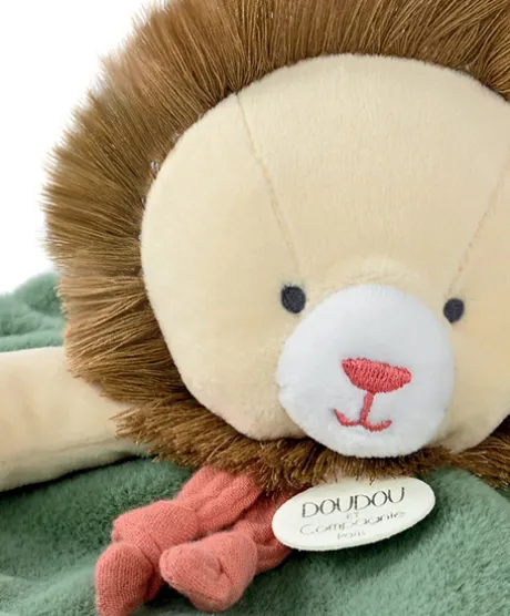 Doudou plat lion beige et vert - 25 cm