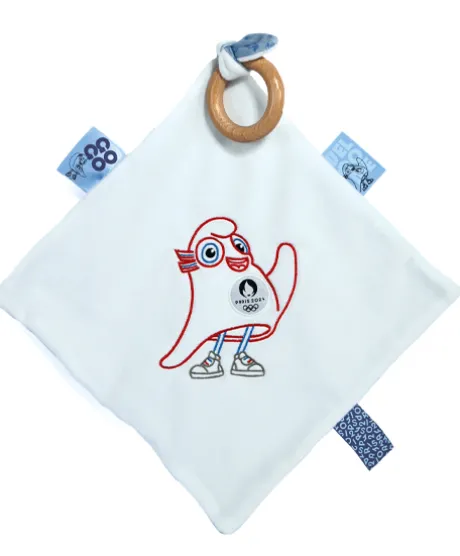 Doudou plat mascotte jeux olympiques paris 2024 avec anneau en bois - 25 cm