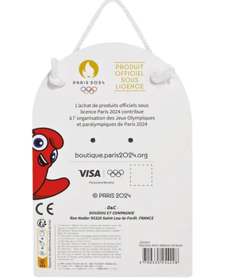 Doudou plat mascotte jeux olympiques paris 2024 avec anneau en bois - 25 cm