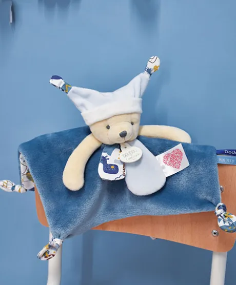 Doudou plat Ours 3 histoires - Bleu