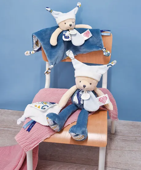 Doudou plat Ours 3 histoires - Bleu