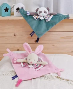 Doudou plat panda vert avec marionnette à doigt - 30 cm