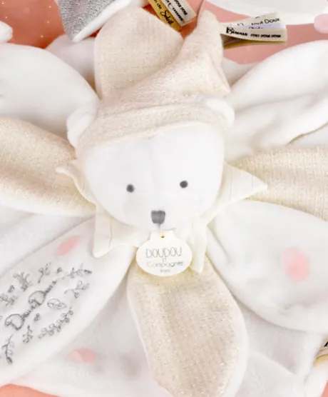 Doudou plat pétales Ours Blanc - 25 cm - Collection Anniversaire